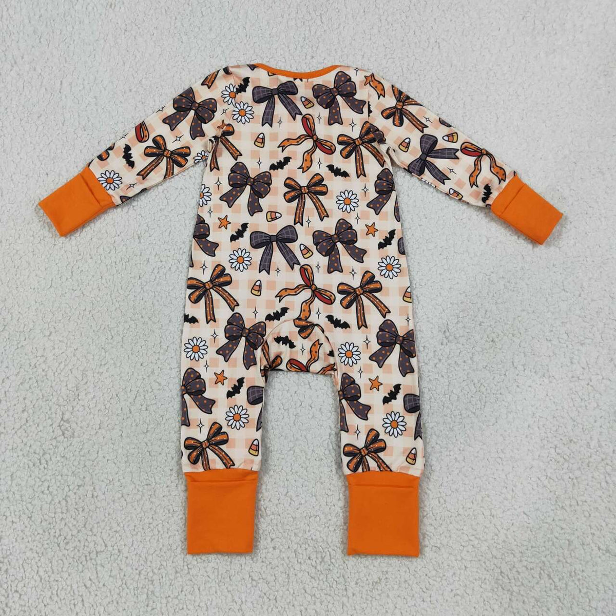 LR3161 Bows Candy Flowers Bat Baby Girls Halloween Long Sleeve Zipper Sleeper Romper