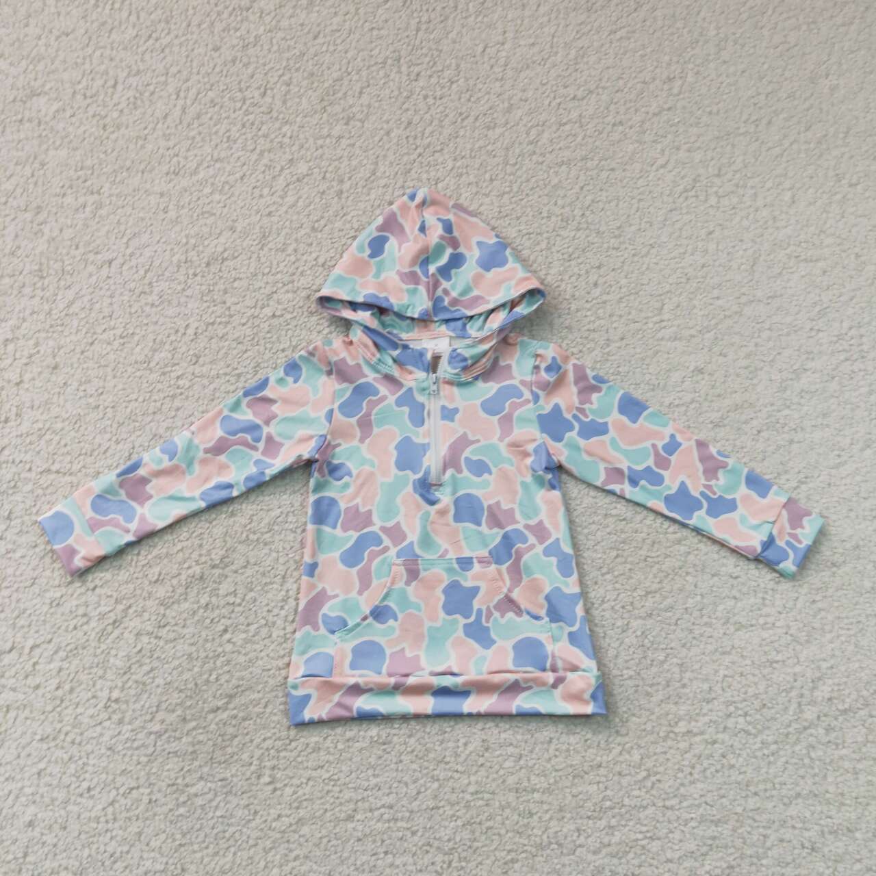 Kids Girls Blue Camo Long Sleeve Half Zipper Hoodie Top
