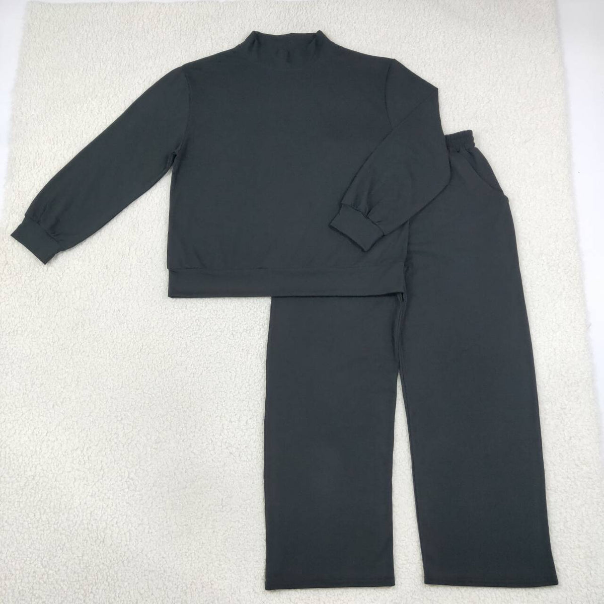 GLP3416 Black Color Mock Neck Long Sleeve Top Pocket Pants Woman Cotton Clothes Set