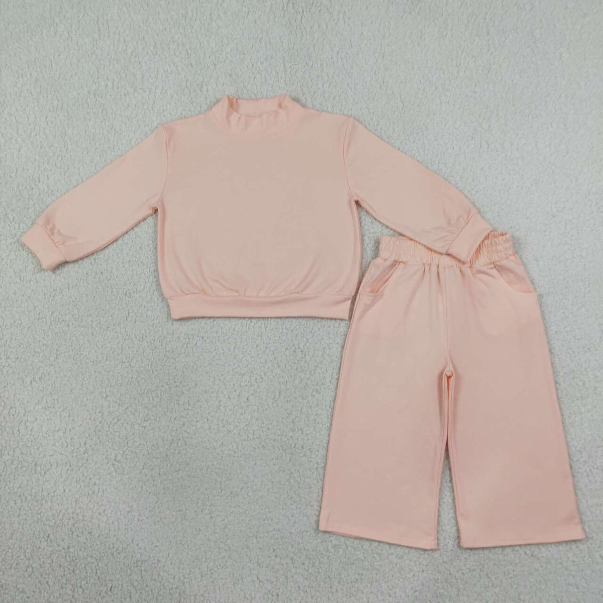 GLP3410 Pink Cotton Mock Neck Long Sleeve Top Pocket Pants Girls Clothes Set