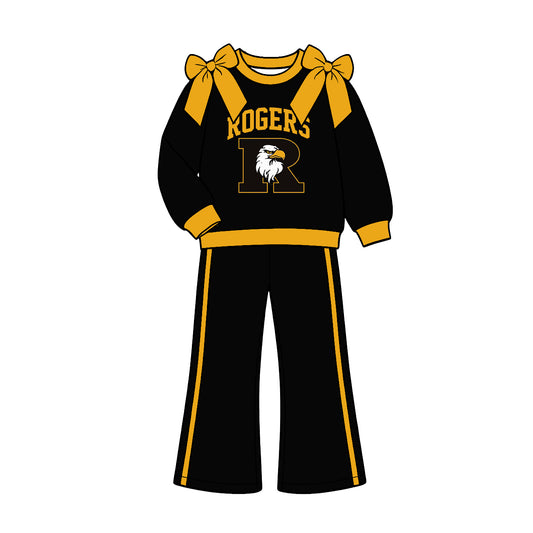 (Custom Design Preorder MOQ 5) Teams Rogers Eagles Yellow Bows Top Black Pockets Pants Girls Clothes Set