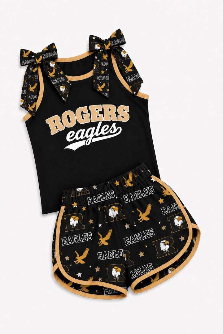 (Custom Design Preorder MOQ 5) Teams Rogers Eagles Bows Top Stars Shorts Mommy and Me Summer Clothes Set
