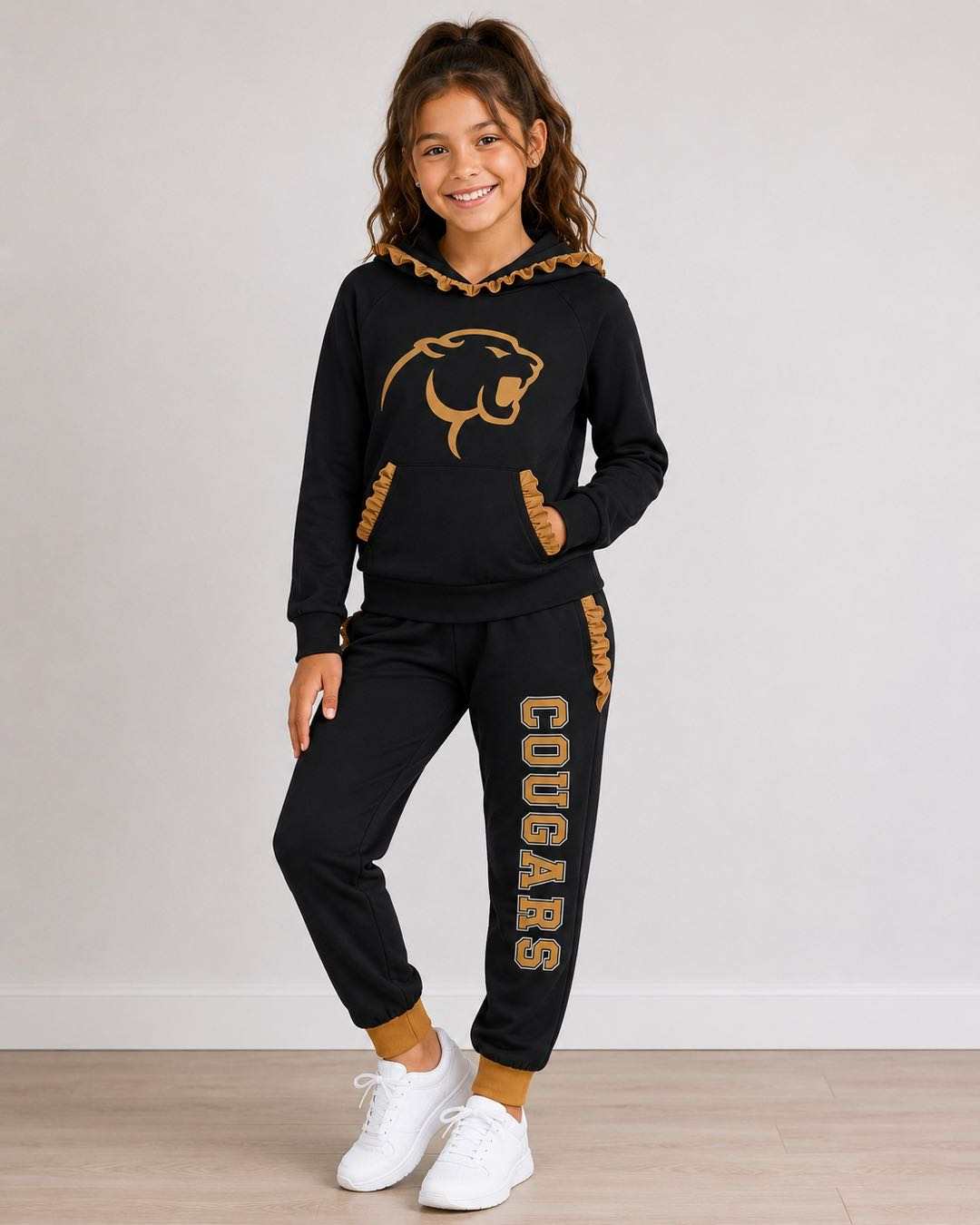 (Custom Design Preorder MOQ 5) Teams Rosebud Lott Cougars Black Gold Ruffles Hoodie Top Pockets Joggers Pants Girls Clothes Set
