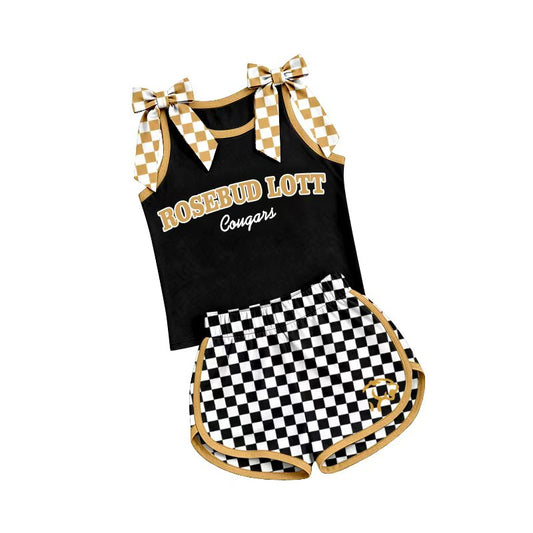 (Custom Design Preorder MOQ 5) Teams Rosebud Lott Cougars Bows Vest Top Checkerd Shorts Mommy and Me Summer Yoga Clothes Set