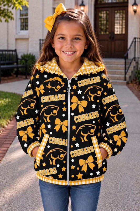 (Custom Design Preorder MOQ 5) Teams Rosebud Lott Cougars Stars Print Girls Pockets Zipper Ruffle Hoodie Yoga Jacket Top