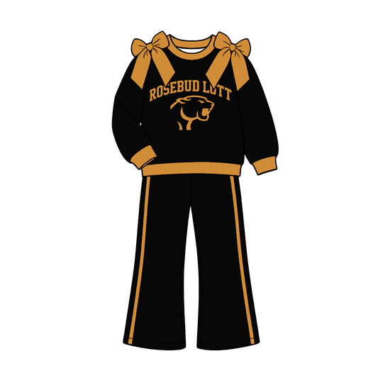 (Custom Design Preorder MOQ 5) Teams Rosebud Lott Gold Bows Top Black Pockets Pants Girls Clothes Set