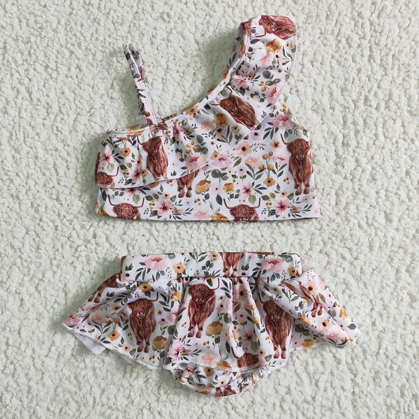 S0017 Baby Girls Highland Cow Flowers Swimsuit