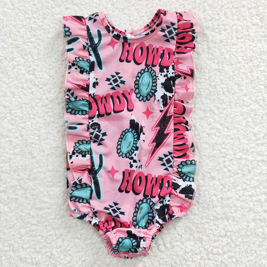 S0036 Baby Girls HOWDY Pink 1 Piece Zipper Swimsuits