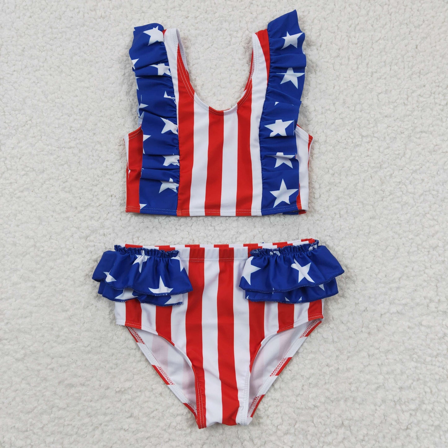 S0090 Stars Stripes Ruffle 2 Pieces Girls 4th of July Swimsuits
