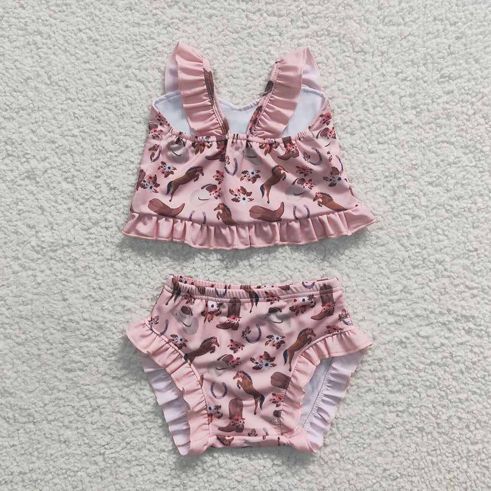 S0107 Baby Girls Horse Flowers 2 Pieces Ruffle Swimsuits