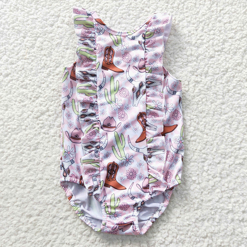 S0111 Baby Girls Boots Flowers Cow Skull 1 Piece Zipper Swimsuits