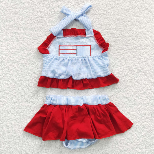 S0134 Flag Embroidery 2 Pieces Halter Girls 4th of July Swimsuits