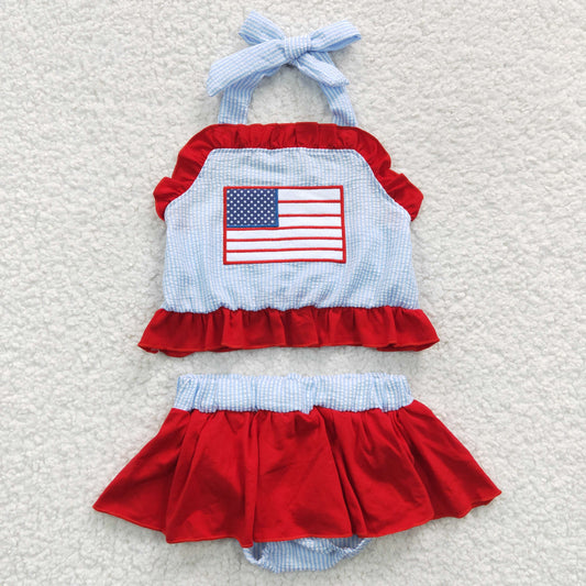 S0134 Flag Embroidery 2 Pieces Halter Girls 4th of July Swimsuits