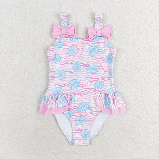 Baby Girls Pink Sea Shell Ruffle One Piece Bows Swimsuits