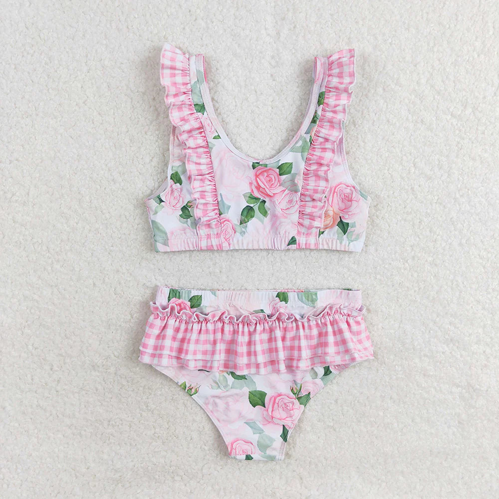 Baby Girls Summer Pink Flowers Top Ruffle Bottom Swimsuits