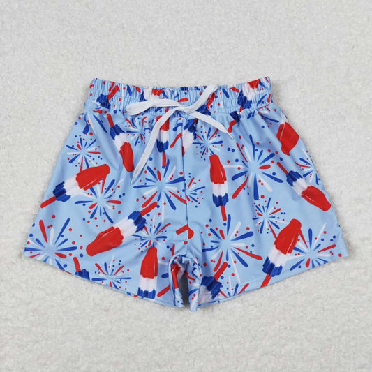 S0336  Popsicle Fireworks Print Boys 4th of July Swim Trunks