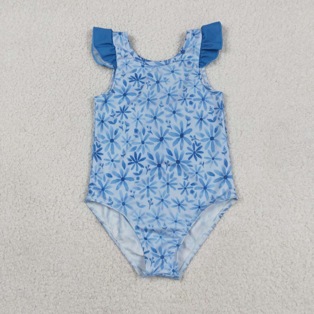 Baby Girls Blue Daisy Flowers Flutter Sleeve One Piece Swimsuit