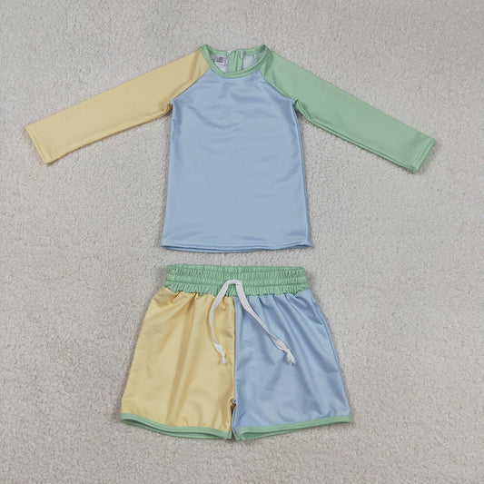 S0634 Baby Boys Long Sleeve Yellow Aqua Blue Shirts Top Shorts Swimsuits