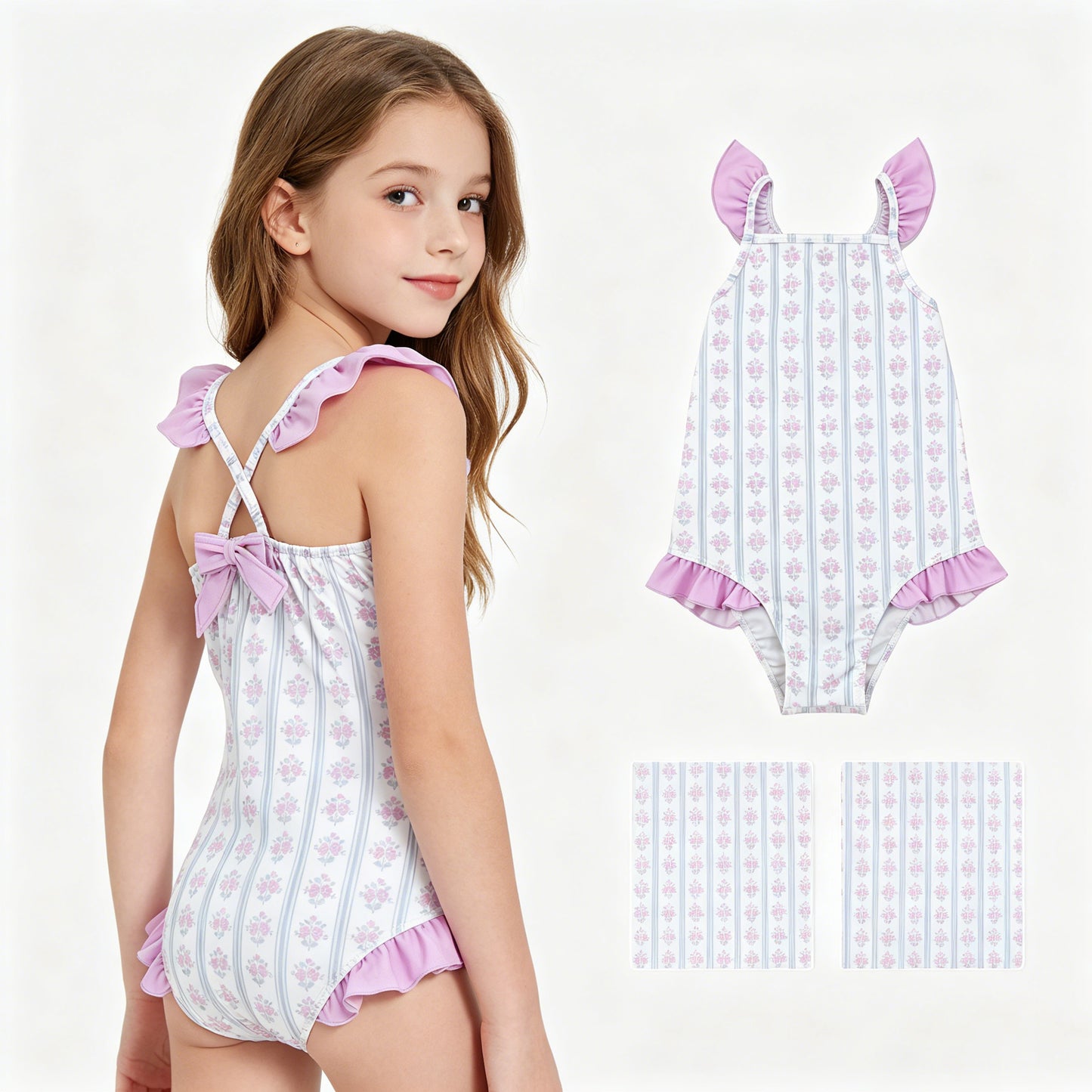 S0643 Purple Floral Stripes Print Baby Girls 1 Piece Swimsuit With Ruffle