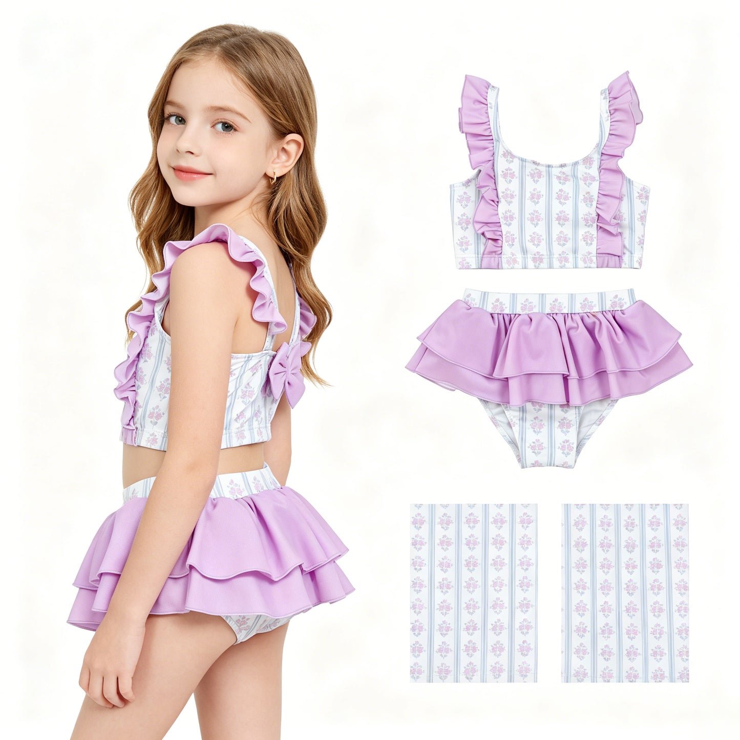 S0644 Purple Floral Stripes Print Baby Girls 2 Pieces Swimsuit With Ruffle