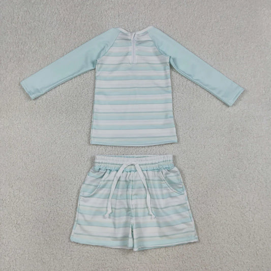 S0649 Light Blue Stripe Zipper Top Pockets Shorts Baby Boys Swimsuits