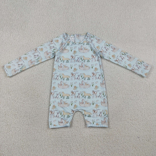 S0701 Puppy Fishing Print Baby Boys Long Sleeve Zipper 1 Piece Swimsuits