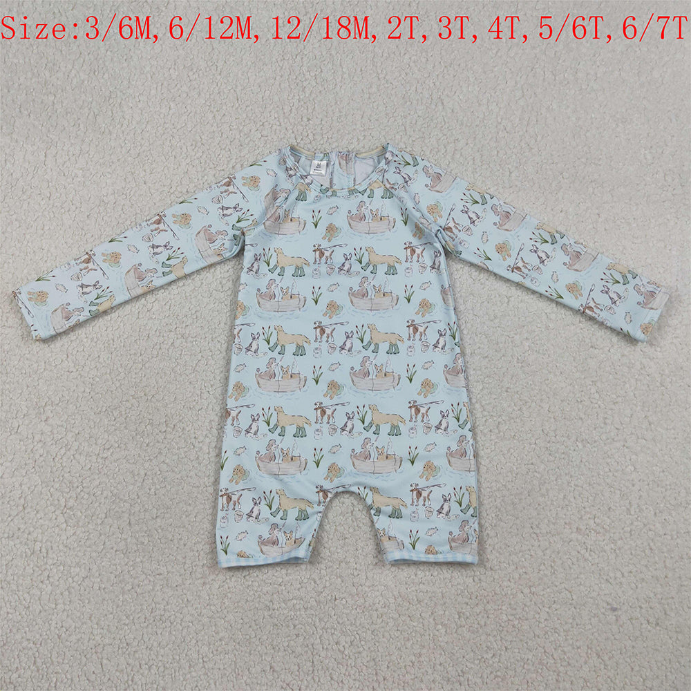 S0701 Puppy Fishing Print Baby Boys Long Sleeve Zipper 1 Piece Swimsuits