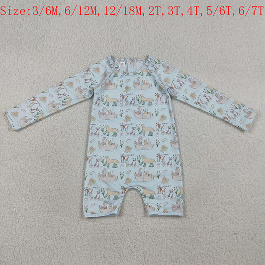S0701 Puppy Fishing Print Baby Boys Long Sleeve Zipper 1 Piece Swimsuits
