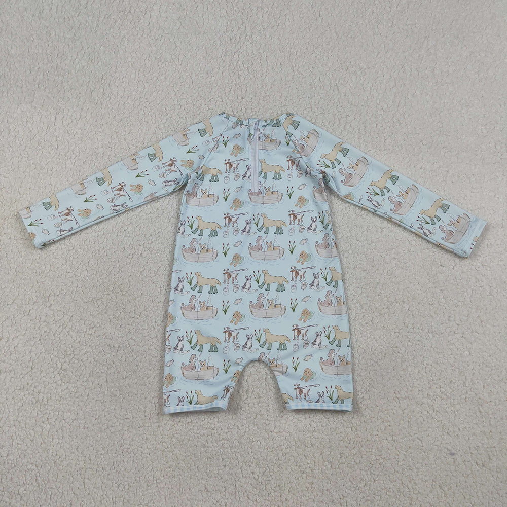 S0701 Puppy Fishing Print Baby Boys Long Sleeve Zipper 1 Piece Swimsuits