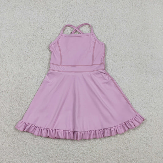 S0712  Lavender Girls Summer Strap Shorts Ruffle Knee Length Yoga Dress