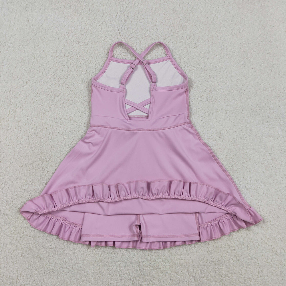 S0712  Lavender Girls Summer Strap Shorts Ruffle Knee Length Yoga Dress