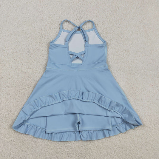 S0713  Blue Girls Summer Strap Shorts Ruffle Knee Length Yoga Dress