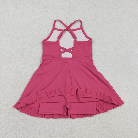 S0727  Hot Pink Girls Summer Strap Shorts Ruffle Knee Length Yoga Dress