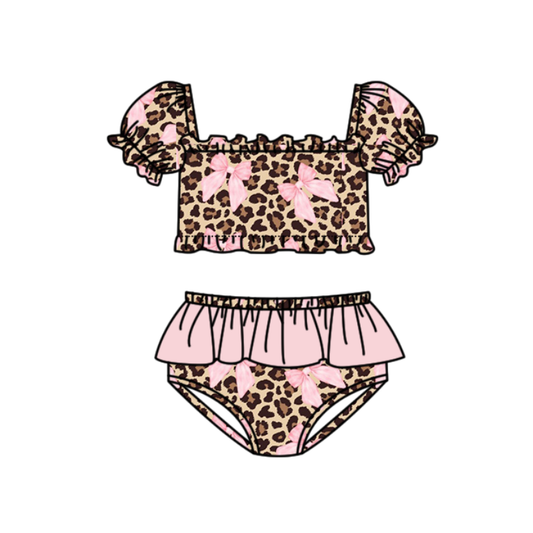 3.11 S0743 Preorder Leopard Bows Print Ruffle Girls 2 Pieces Puff Sleeves Swimsuits