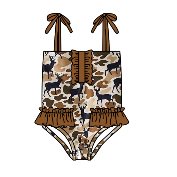 3.11 S0746 Preorder Deer Brown Camo Print Ruffle Girls 1 Piece Strap Swimsuits