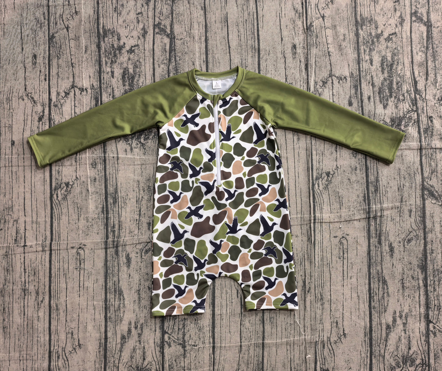 3.11 S0748 Preorder Duck Green Camo Print Boys Long Sleeve 1 Piece Zipper Swimsuits