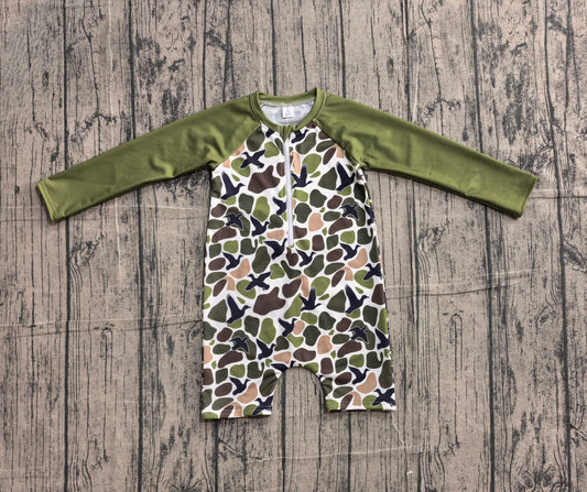 3.11 S0748 Preorder Duck Green Camo Print Boys Long Sleeve 1 Piece Zipper Swimsuits