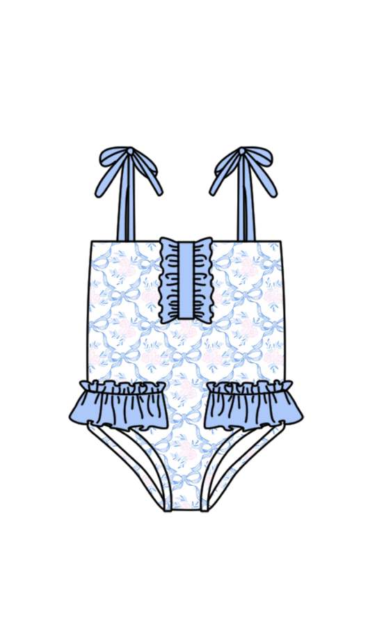 3.14 S0752 Preorder Blue Bows Print Ruffle Girls 1 Piece Strap Swimsuits