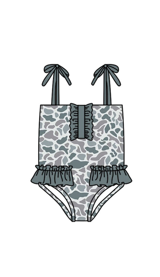 3.14 S0754 Preorder Grey Camo Print Ruffle Girls 1 Piece Strap Swimsuits