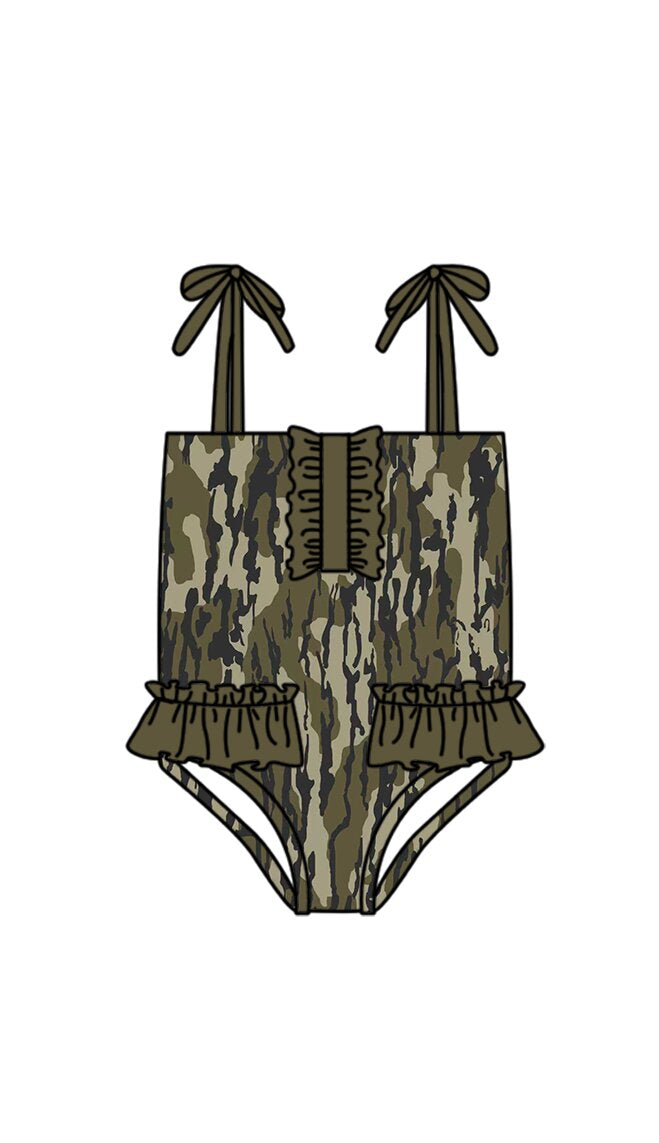 3.14 S0755 Preorder Camo Print Ruffle Girls 1 Piece Strap Swimsuits