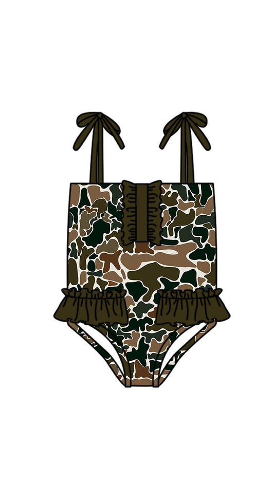 3.14 S0756 Preorder Brown Camo Print Ruffle Girls 1 Piece Strap Swimsuits