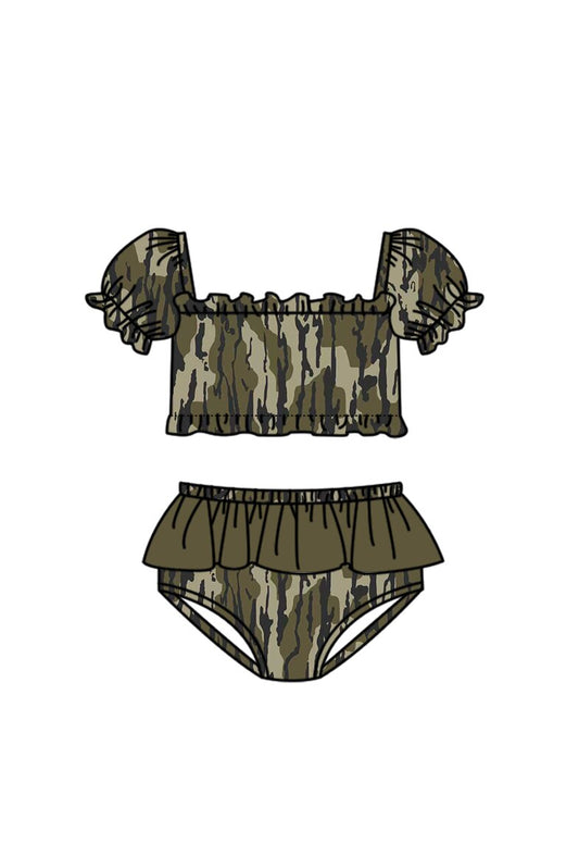 3.14 S0760 Preorder Camo Print Ruffle Girls 2 Pieces Puff Sleeves Swimsuits
