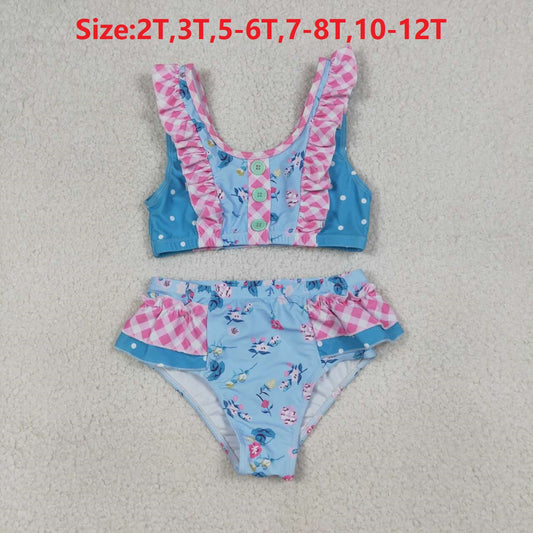 S0777 Baby Girls Summer Flowers Ruffle Top Bummie 2pcs Swimsuits