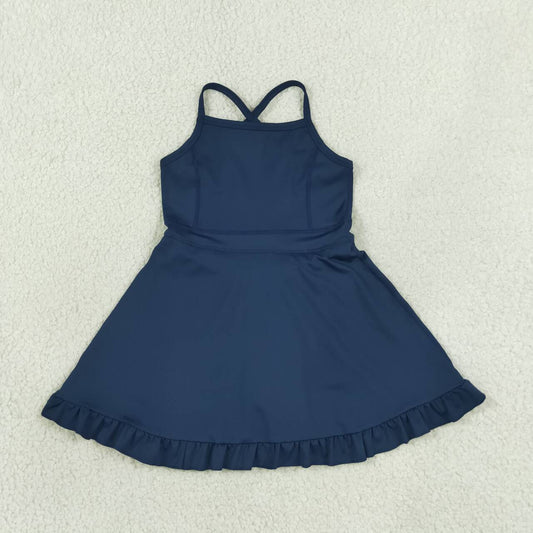 S0779 Navy Girls Summer Strap Shorts Ruffle Knee Length Yoga Dress