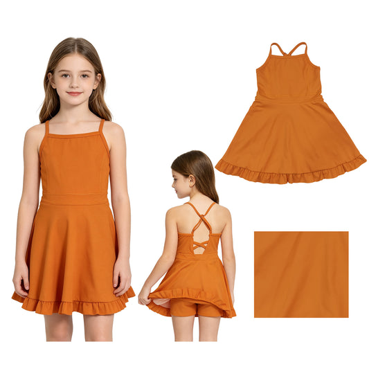 S0780 Orange Girls Summer Strap Shorts Ruffle Knee Length Yoga Dress