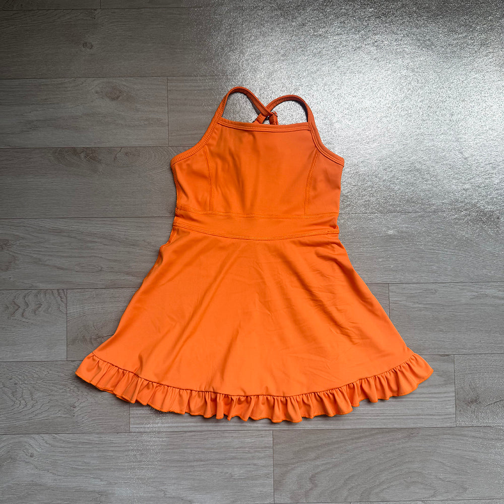 S0780 Orange Girls Summer Strap Shorts Ruffle Knee Length Yoga Dress
