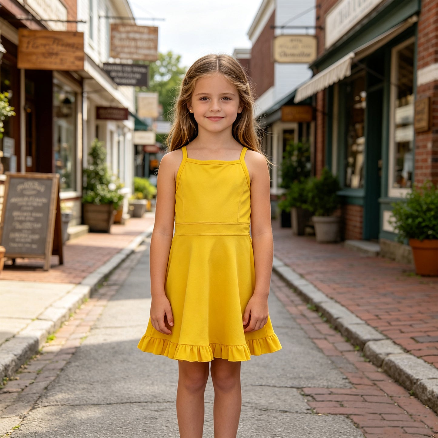 S0781 Yellow Girls Summer Strap Shorts Ruffle Knee Length Yoga Dress