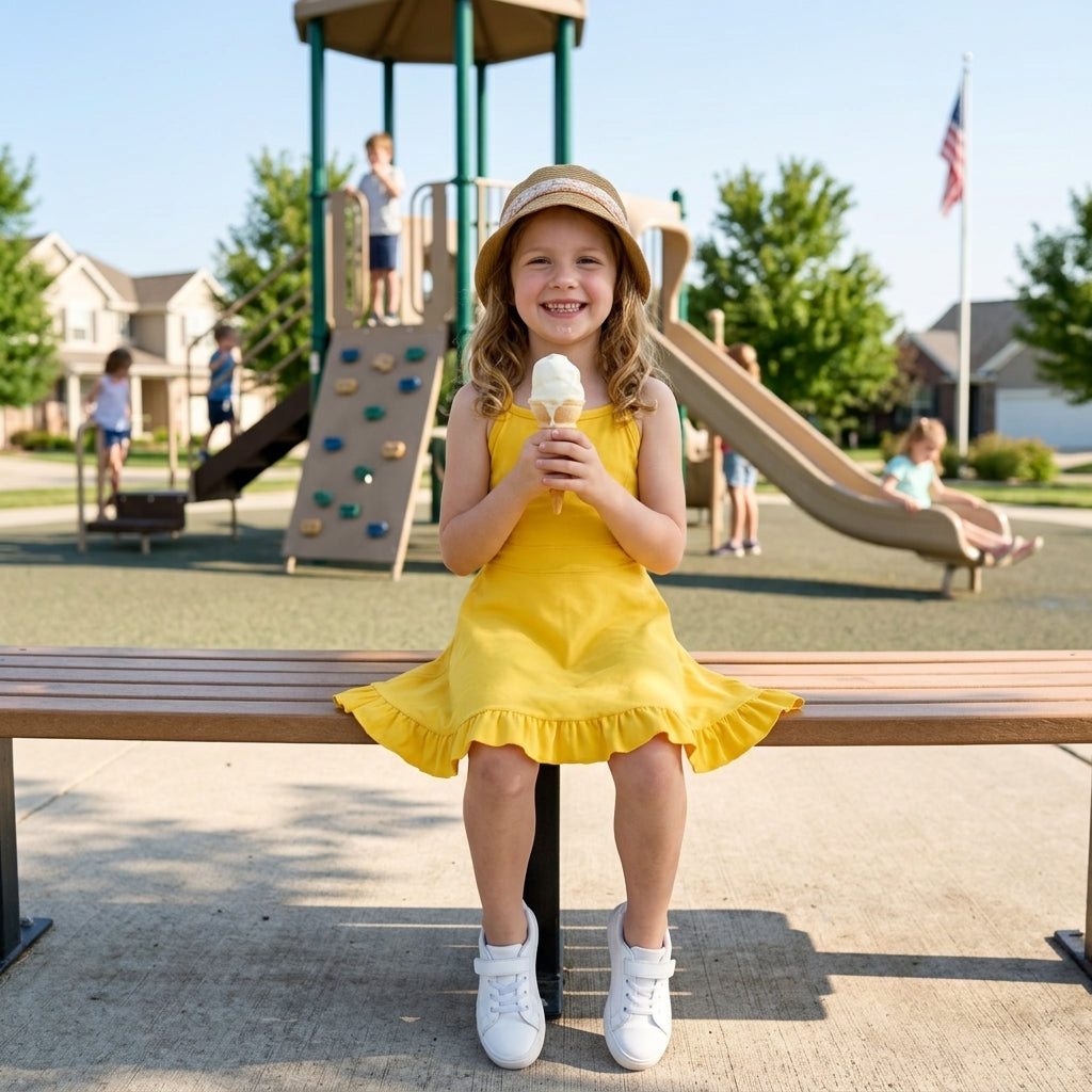 S0781 Yellow Girls Summer Strap Shorts Ruffle Knee Length Yoga Dress