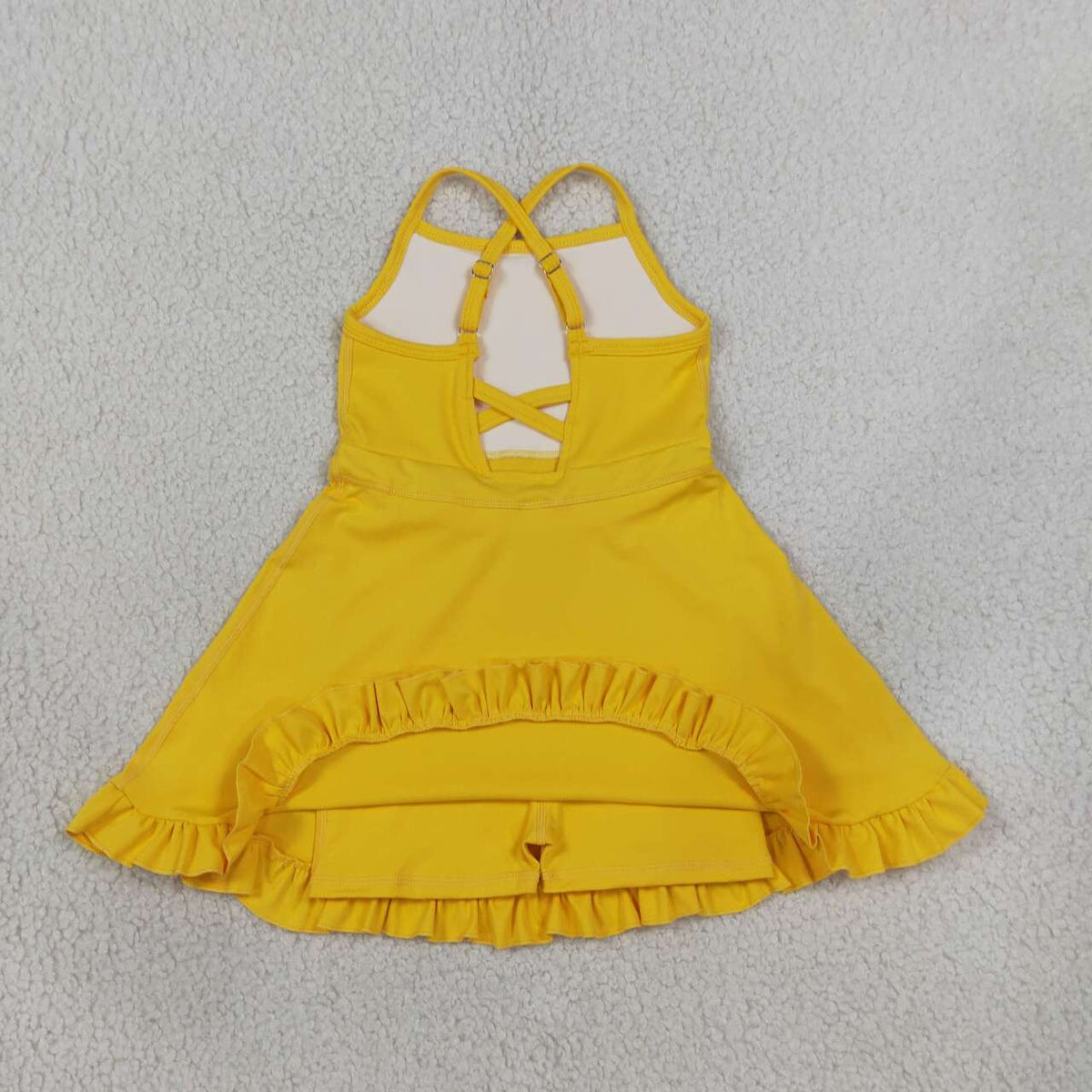 S0781 Yellow Girls Summer Strap Shorts Ruffle Knee Length Yoga Dress