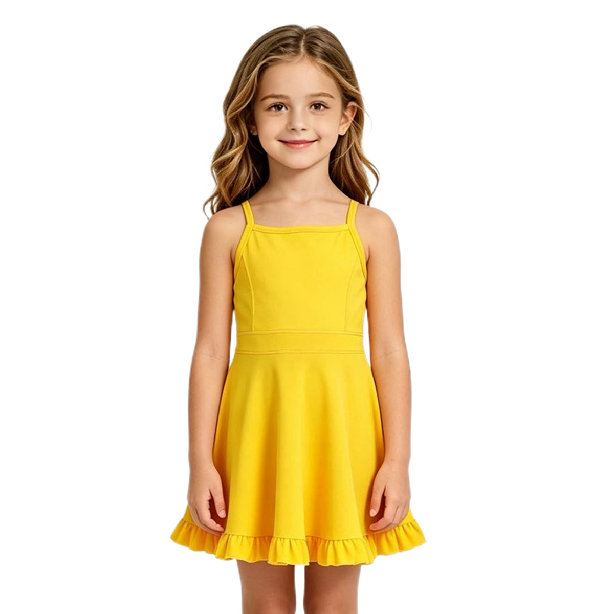 S0781 Yellow Girls Summer Strap Shorts Ruffle Knee Length Yoga Dress
